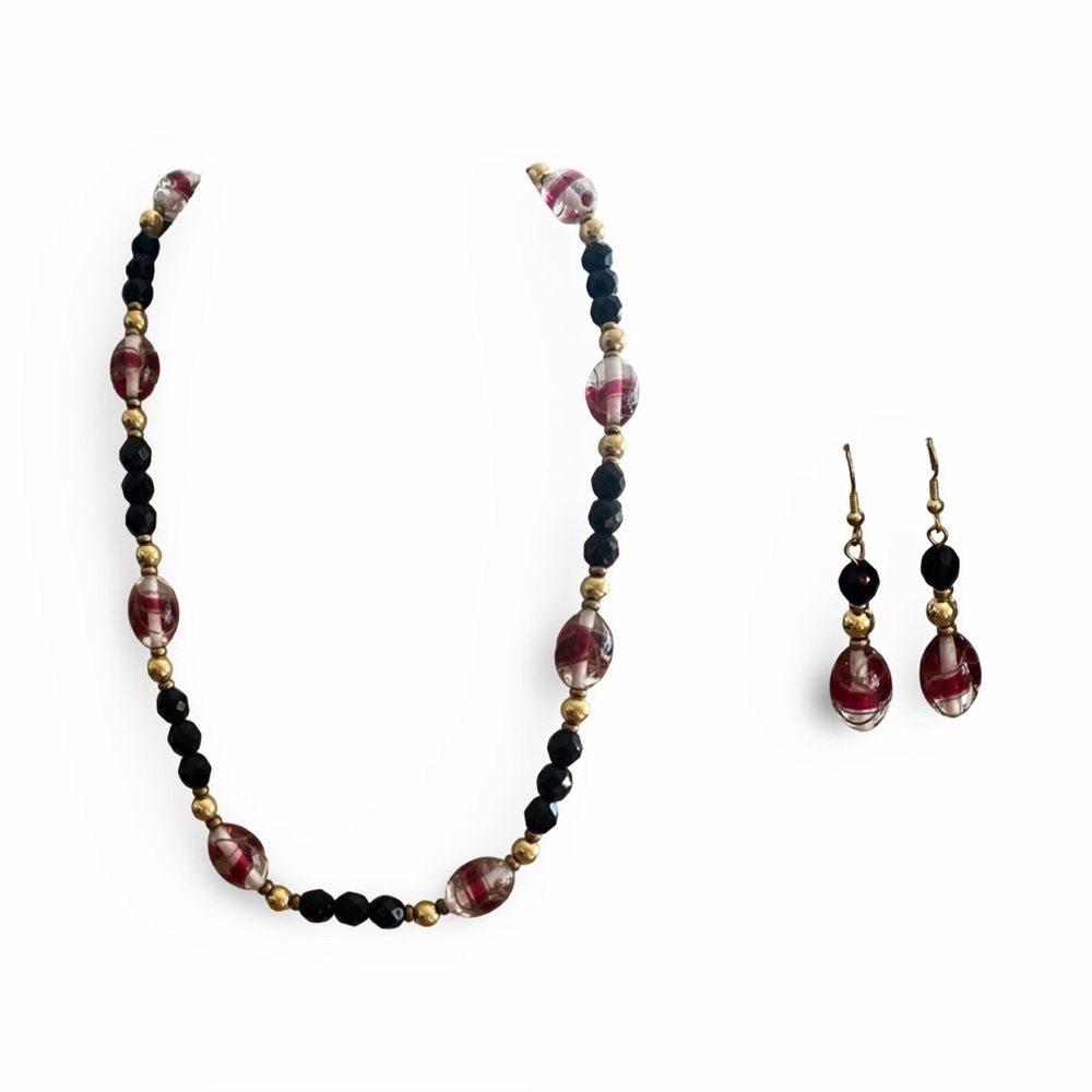 Vintage Glass Bead Black Burgundy Beaded Necklace and Earring Set
